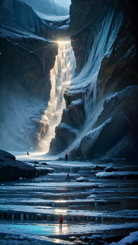 masterpiece, Highest quality, (Highly detailed CG Unity 8k wallpaper), (Highest quality), (Best illustrations), (Best Shadow), Absurd, Realistic lighting, (abyss), Beautiful sparkle, art:PeterMohrBacher,In front view of frozen cave、A man stands in the middle, Icy, Surreal frozen landscape, Icy mountains, in an Icy cavern, Complex and epic composition, Amazingly spectacular footage, Very beautiful、Fantasy, Frozen waterfall, Breathtaking alien landscapes, Icy cold pale silent atmosphere, Ice cave, Magnificent and wonderful, Entrance to the spirit world, Icy landscape、