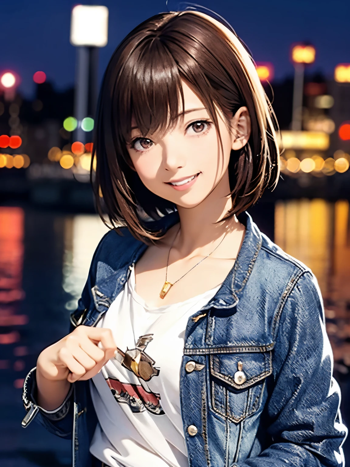 High resolution, 8k, Highest quality, detailed, Semi-realistic anime, Anime 3D Style, Smooth anime CG, One Girl, A 20-year-old Japanese woman, slim, Modeled, Shiny brown hair, detailedな顔, Beautiful and detailed, Glowing Skin, Hard Focus、Film Grain, Soft lighting, Looking at the audience, Laughter, (A woman wearing a casual jacket and jeans), Port town at night、City lights reflected in the sea and anchored ships