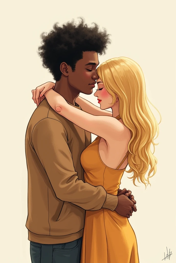 A couple hugging each other from behind , the one with black curly hair, the one with long, straight blonde hair in a hand-drawn style 