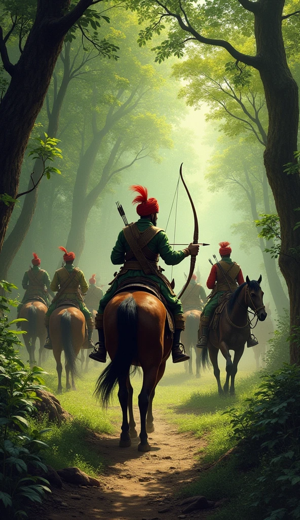 Amar Singh Hunting**: Illustrate the Amar Singh is very strong body and on horseback, deep in a lush forest, with a bow and arrow, surrounded by the dense foliage of the jungle. With many horses and soldiers