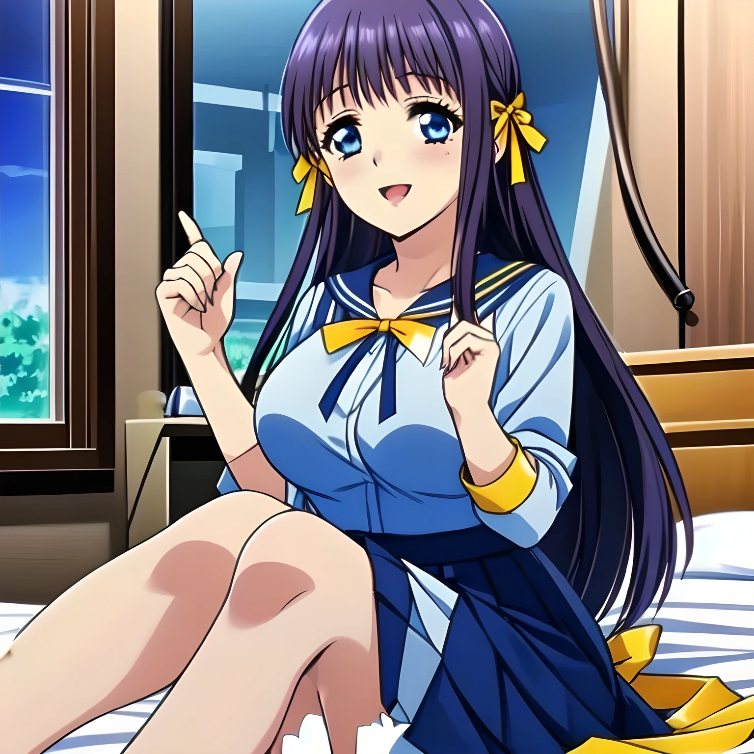 highest quality, (masterpiece:1.2), (3人の very intelligent and bewitching heroine, Very detailed intelligent 15yo heroine's portrait of game CG, beautifully and artistically painted as cover of girl's magazine: 1.6), (She is turning quickly and looking at me with 妖艶な笑み as if she is a too beautiful intelligent secretary: 1.6), (A girl whom everyone loves because of her beauty and lovely fashion and intelligence and noble manner. A refined and elegant look like a beautiful secretary : 1.4), (In fact she is a very intelligent succubus, trying to charm, enslave and absorb me with deeply thought out intelligent strategy!: 1.0), (Very beautiful, wavy, cutely shining super-super-long blue hair, with elegant hair ribbons with very good smell of female pheromones: 1.4), (Laughing very beautiful and intelligent sapphire-blue intelligent eyes with very long eyelashes which charms and enslave me inevitably, with detailed very well: 1.8), (The elegant, slightly open mouth and glossy wet lips of an anime heroine: 1.0), (noble, fully dark navy blue, neat sailor-styled one-piece blue school uniform, fully dark navy blue blouse, and 広がった neat elegant dark dark-navy-blue pleated skirt, with a big yellow noble ribbon on the chest: 1.6), (Large but well figured breast: 1.0), (Laughing at me, but that gives a heavenly feeling of happiness with beautiful and great smiley noble face: 1.2), (The wind is blowing: 0.8), (She is touching me with her beautiful fingers, absorbing everything from me just now: 1.5), (Seductively sitting on a blue bed in a super high-end hotel: 1.4), (Full body shot: 1.0)