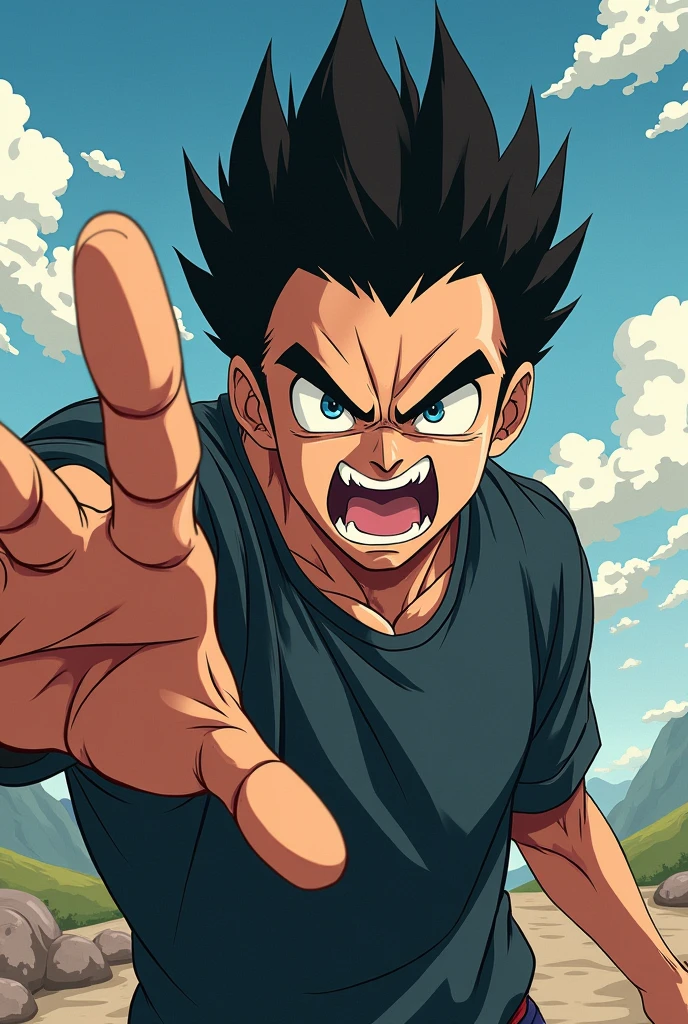 about ,Extend your right hand,The expression on his face was very angry,Takes up a quarter of the picture,Background is sky、Drawing style like anime pictures