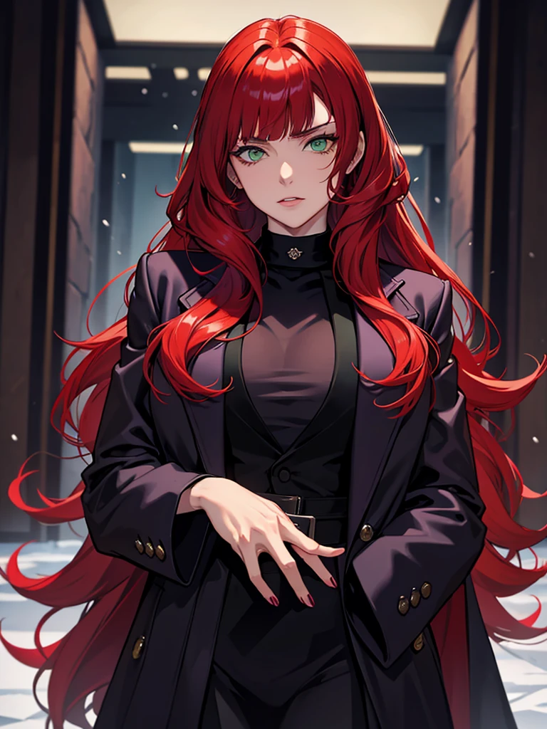 green eyes, red hair with long bangs, noble, mafia. sadistic women, wavy long hair. wear black purple jacket. strong woman. background in winter