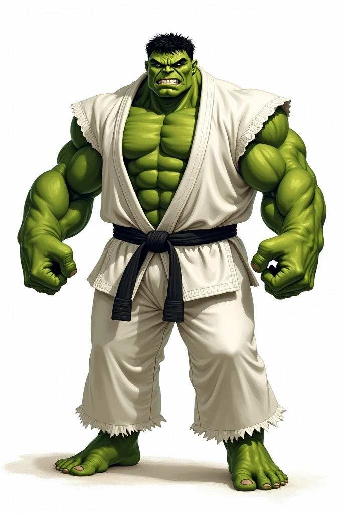 HULK WITH THE GREEN BODY, USANDO KIMONO Jiu Jitsu BRANCO , long wagui , long and RIPPED pants , black Belt, GIANT MUSCULAR, fully body, old drawing style, white background