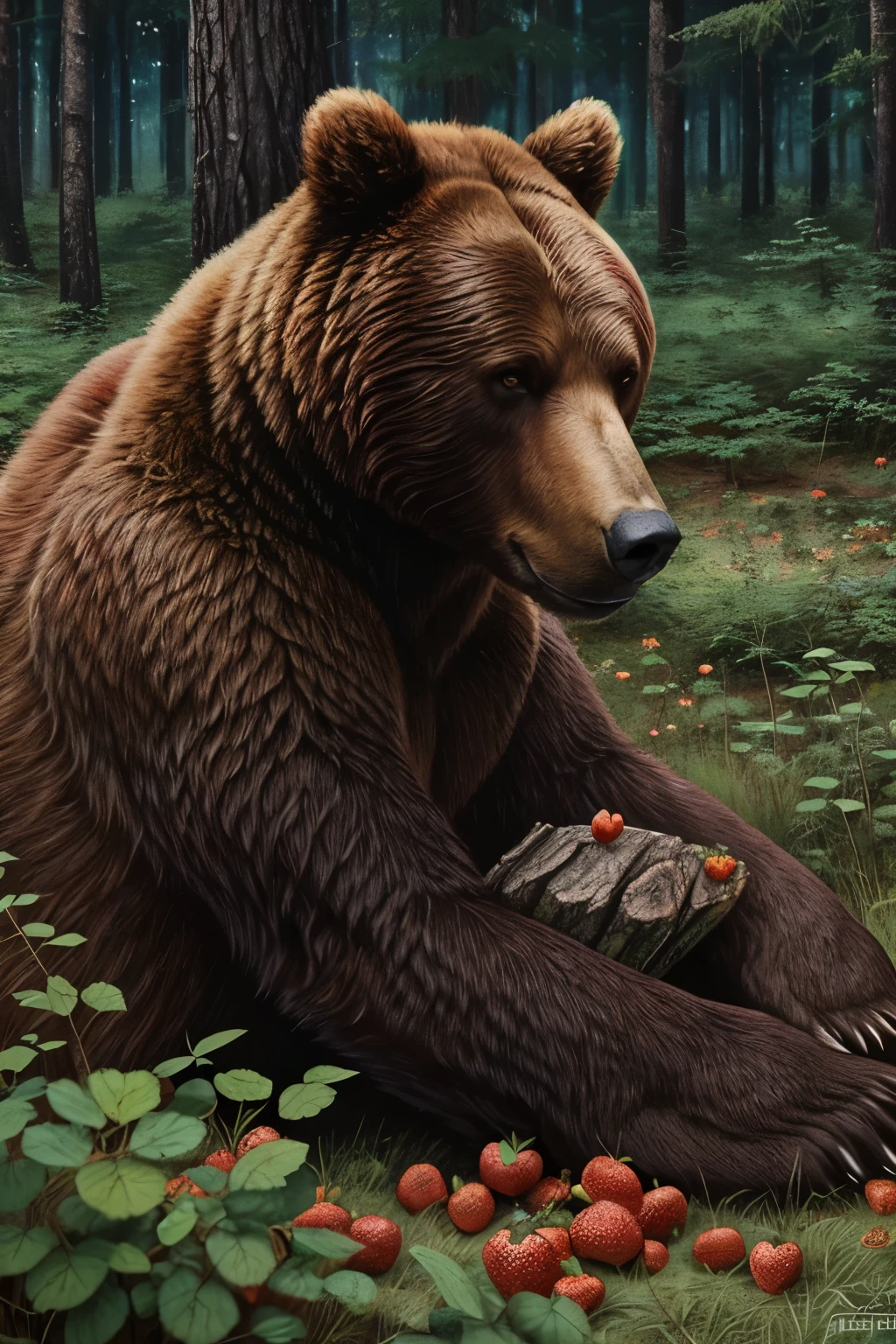 (Ultra-detailed face, looking away, Fantasy Illustration with Gothic, Ukiyo-e, Comic Art, Rich colors), 
BREAK 
(In the forest, a large brown bear lies on its back next to a stump and picks up a bunch of wild strawberries to put in its mouth.)