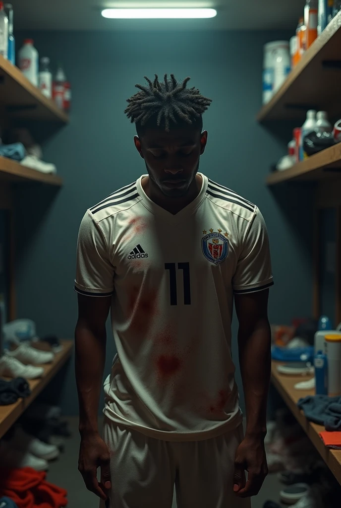 Um Futebolista europeu ⚽ jovem negro chorando no balneário do estádio, with stained equipment, standing