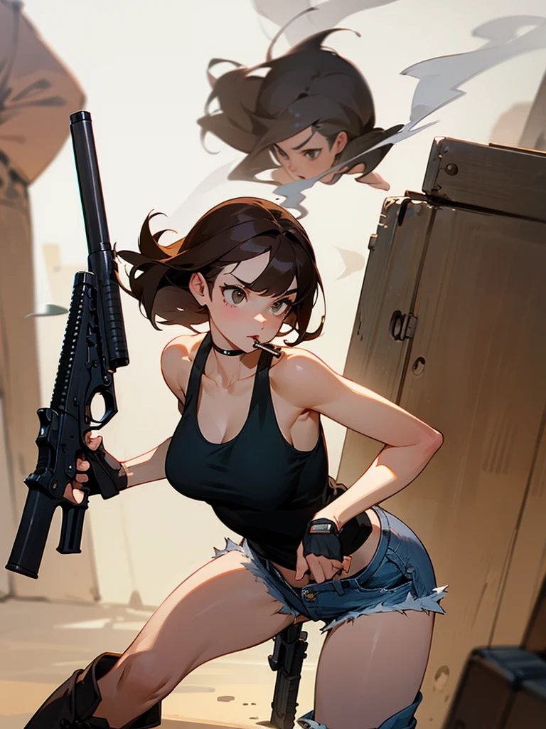 Cute woman smoking, brown hair, black tank top, denim shorts, black boots, shooting with two guns, bar, pistols in both hands