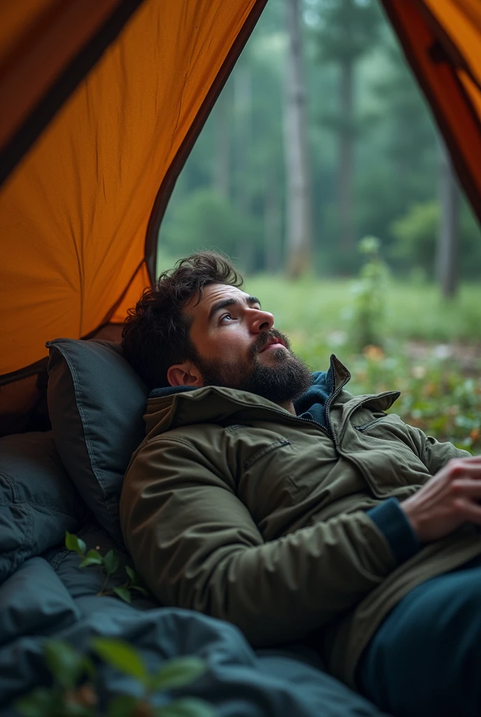 a man sleeping in a tent being woken up by a scream