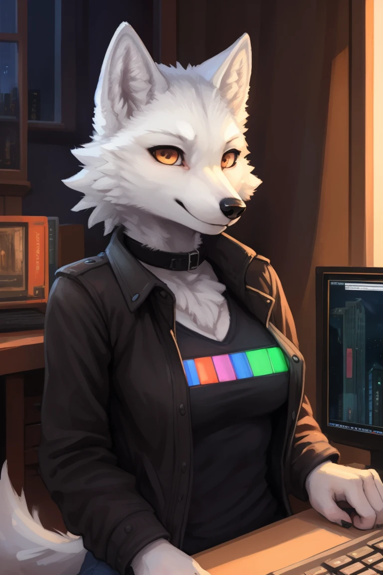 Author: kenket, Author: deadflesh8, (Author: Thebigslick, Author: Silverfox5213:0.8), (by syuro:0.2), (Author: PostUV35:1.2), (hi res), ((Masterpiece)), ((Best Quality)), illustartion, Furry, ((white wolf:1.5)), animal ears, Body fur, 1girl, solo, white colored hair, looking a viewer, Smile, woman's, ((The Wolf Girl)),  adult, Room & City, (((night time, RGB lighting, warm colours, lofi))), ((A room with computers)), Screen backlight, Toned body, Choker, Cold pose, Unbuttoned jacket and jeans, Halter neck T-shirt, expressive breasts,Tomboy's clothes, Women's clothing, LOFI 8 bit, Fluffy anthropomorphic wolf, Fluffy wolf nose, ((Black fur:1.5))