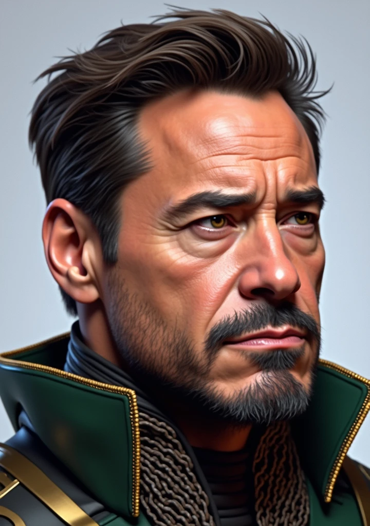 rober downey jr with cosplay dr doom, no mask, detailed facial features, realistic, highly detailed skin texture, muscular male body, intricate metal armor, gold and green accents, dramatic lighting, cinematic, photorealistic, 8k, masterpiece