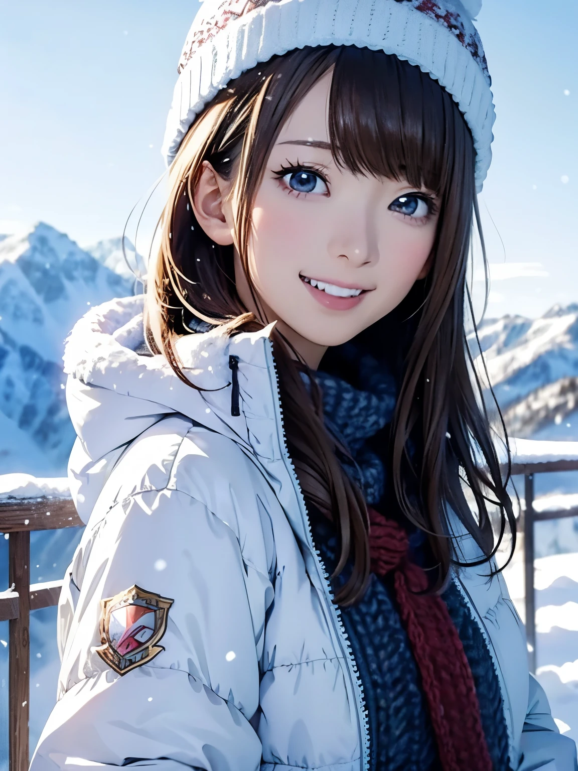 High resolution, 8k, Highest quality, detailed, Semi-realistic anime, Anime 3D Style, Smooth anime CG, One Girl, A 20-year-old Japanese woman, slim, Modeled, Shiny brown hair, detailedな顔, Beautiful and detailed, Glowing Skin, Hard Focus、Film Grain, Soft lighting, Looking at the audience, Laughter, (Winter mountain style with a warm down jacket and knitted hat), A magnificent mountain range covered in pure white snow