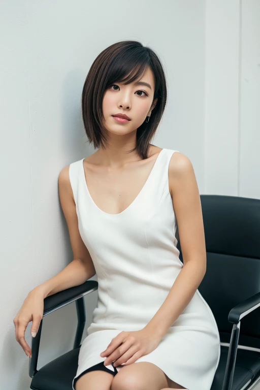 lens: 135mm f1.8,(Highest quality), (Beautiful 2 Japanese girl), (Moisturized lips), Narrow eyes, double eyelid,Delicate clavicle,Flat Chest,Very short hair,
(Let me me me me me'Let me me me me'Let me me me'Let me me'Let me'Let's take another look), shame, A faint smile,
(In front of a white wall:1.2), Professional Lighting,
(Japanese 、Transparent BlackVNeck Sleeveless Dress Shirt), (Sunburned skin:0.2),Full body photo、Full Body Focus、Sit upright in a chair、Beautiful feet、Please stand up straight、Align your feet