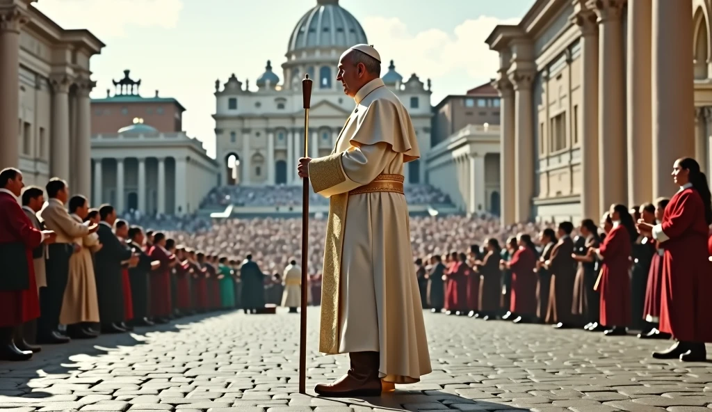 Scene set in St. Peter's Square in the Vatican. The focal point of this image is the Pope and the brown leather no laces high-top boots that the Pope is wearing. The Pope wears a white robe with a mantle and holds a long papal staff. The backdrop is St. Peter's Square in the Vatican filled with people. The scene captures the moment of religious significance and the historical and artistic richness of St. Peter's Square. Ultrarealistic Ultrarealistic photo, 16k, ultra high resolution, photorealistic, Ultra HD