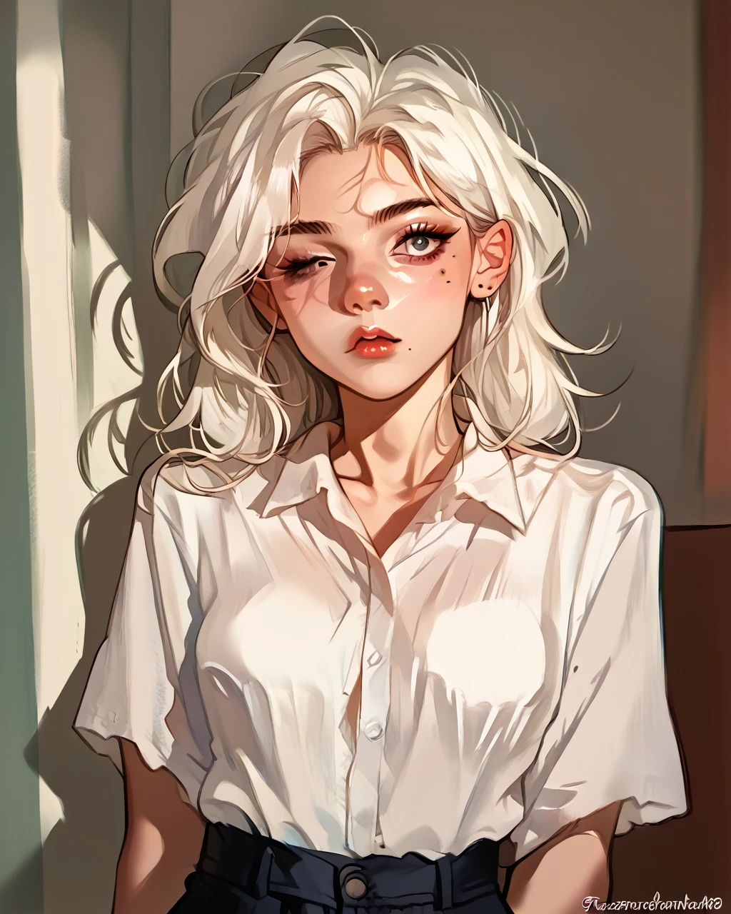 score_9, score_8_up, score_7_up, score_6_up, score_5_up, score_4_up, by Kohei Horikoshi, 1girl, pale skin, beauty mark under one eye, curious expression, large eyelashes, white shirt, medium breasts, white hair,