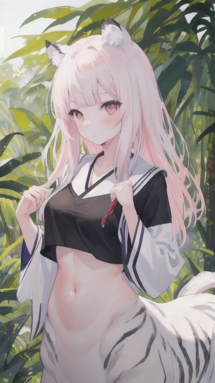 (best quality, masterpiece), 1 girl, centaur, I beg, White skin, Japanese schoolgirl,daughter,black pink, exposing the abdomen, belly button t-shirt , beautiful girl perfect, White tiger photo, perfect jungle photo