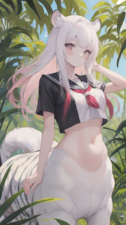 (best quality, masterpiece), 1 girl, centaur, I beg, White skin, Japanese schoolgirl,daughter,black pink, exposing the abdomen, belly button t-shirt , beautiful girl perfect, White tiger photo, perfect jungle photo