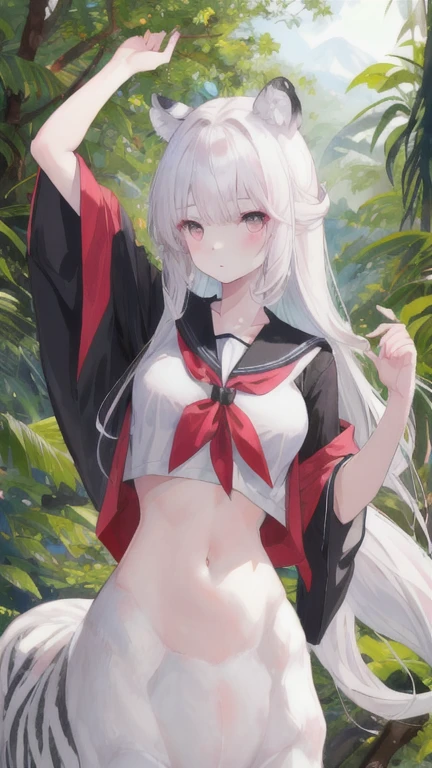 (best quality, masterpiece), 1 girl, centaur, I beg, White skin, Japanese schoolgirl,daughter,black pink, exposing the abdomen, belly button t-shirt , beautiful girl perfect, White tiger photo, perfect jungle photo