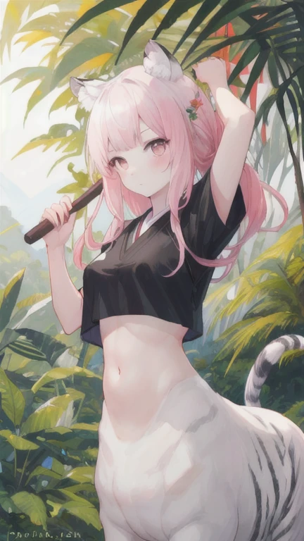 (best quality, masterpiece), 1 girl, centaur, I beg, White skin, Japanese schoolgirl,daughter,black pink, exposing the abdomen, belly button t-shirt , beautiful girl perfect, White tiger photo, perfect jungle photo