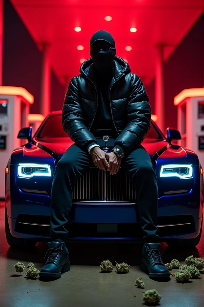 A person with a black moncleor jacket, black jogging pants and black Nike air force sitting on the hood of a dark blue Royce Royce at night with red lights and red background lighting at a gas station and on the ground is a lot of cannabis 