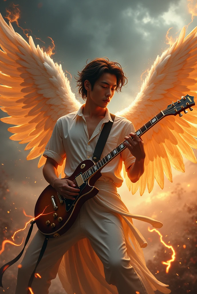 Asian male angel playing electric guitar in the middle of thunderstorm and fire with passion