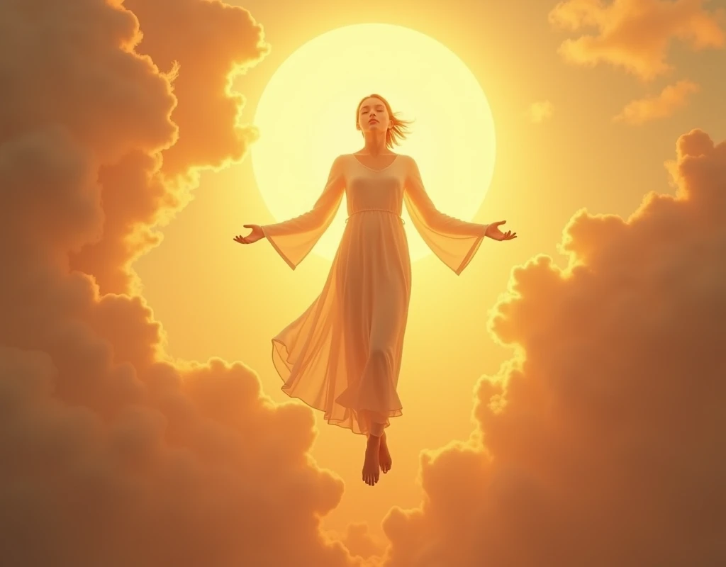 We need an image of a sister like us, high quality image, in front of whose head there is sunrise and both the feet are in the air and that image is heaven. High quality image.