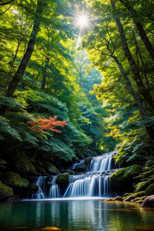 Viral anime nature wallpaper in 4K quality, in the style of digital illustration inspired by Hayao Miyazaki, featuring a serene forest with towering ancient trees, dappled sunlight filtering through the leaves, a gentle stream flowing through the scene, and mystical creatures peeking from behind the foliage; vibrant and warm color temperature, cosmos lighting with stars twinkling in the sky, no human characters, the atmosphere is tranquil and enchanting --v 5 --stylize 1000