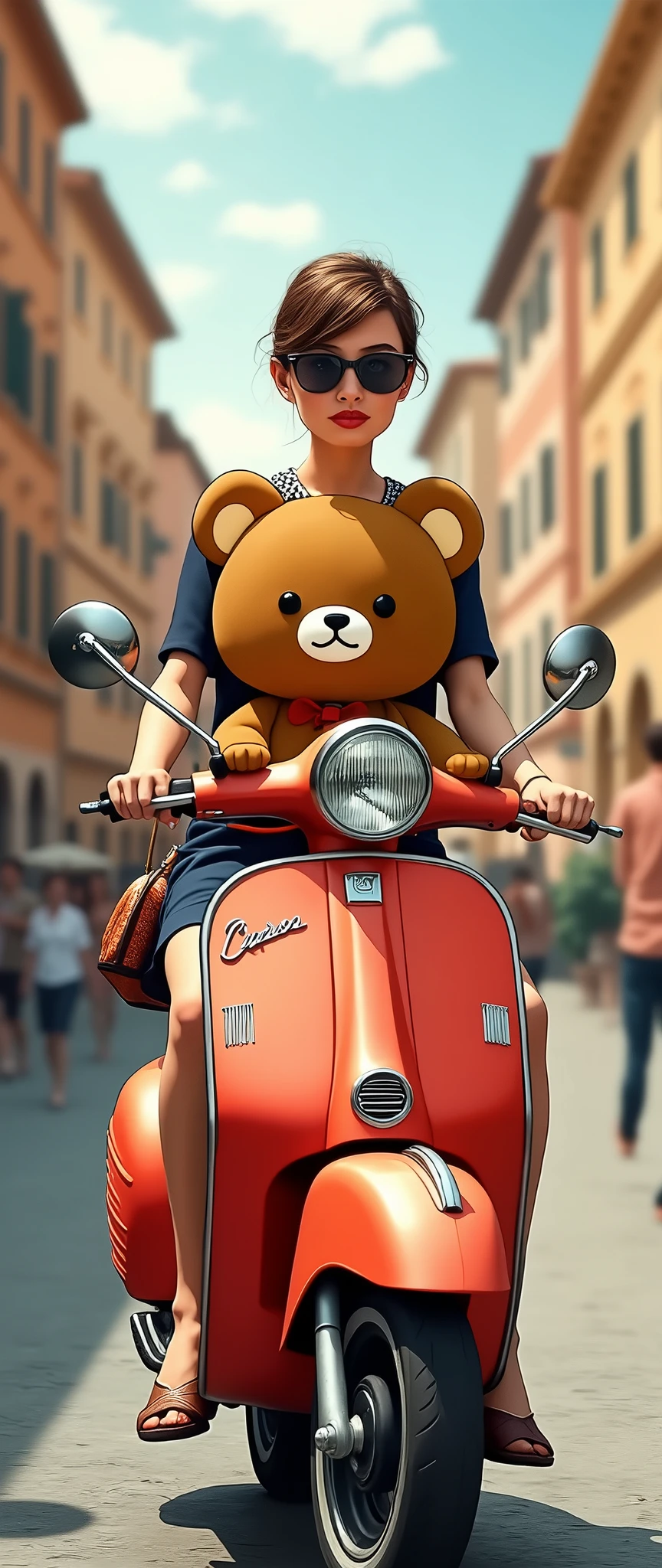 (masterpiece:1.2,Exceptional Quality,mirror-like,Cinematic Experience,Best illustrations,Super detailed),8k,wallpaper,(Audrey Hepburn driving a Vespa with Rilakkuma:2.0),(Roman holidays:2.0)