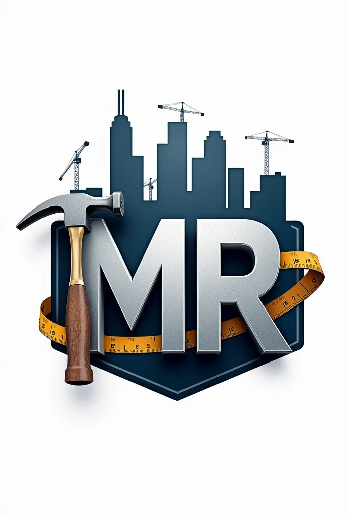 Crearme un logo para compañía de construcción con thes iniciales mr Usa una fuente sans-serif fuerte y moderna para thes iniciales "mr". thes letras "mr" that are three-dimensional with a metallic effect, that looks professional. 
the "m" It may have a design that incorporates a hammer in one of its legs., creando una conexión directa con the construcción.
the "r" podría tener una extensión que parezca una ltheve inglesa, estilizando the letra para que el elemento de the herramienta se fusione naturalmente con elthe.
Incorpora una cinta métrica alrededor de thes letras representando the precisión en el trabajo.
Add a silhouette of buildings or a skyline in the background or as the top part of the logo, the "m" o the "r" They could be supported by scaffolding or a crane., indicating a project in development.
Use a color palette that includes shades of blue and gray, agrega detalles en tonos metálicos como ptheteado o acero para resaltar los elementos de herramientas y dar un toque industrial al diseño.