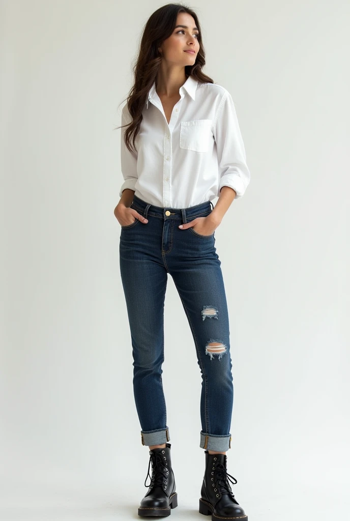 I want the model above with the white shirt tucked into the pants, with jeans that fit your body well, with black combat boots, low top and no heel