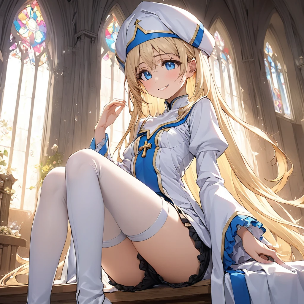 Priestess, 1 girl, 独奏, Blonde, Long Hair, blue eyes, White Dress, white hat, White thigh-high boots, Black frilly shorts、Inside an empty church、Smile、Small Breasts、Baby Face Break Masterpiece、Beautiful attention to detail:1.2, Perfect lighting, (perfect hand, perfect anatomy), Precise depiction、Vibrant colors 