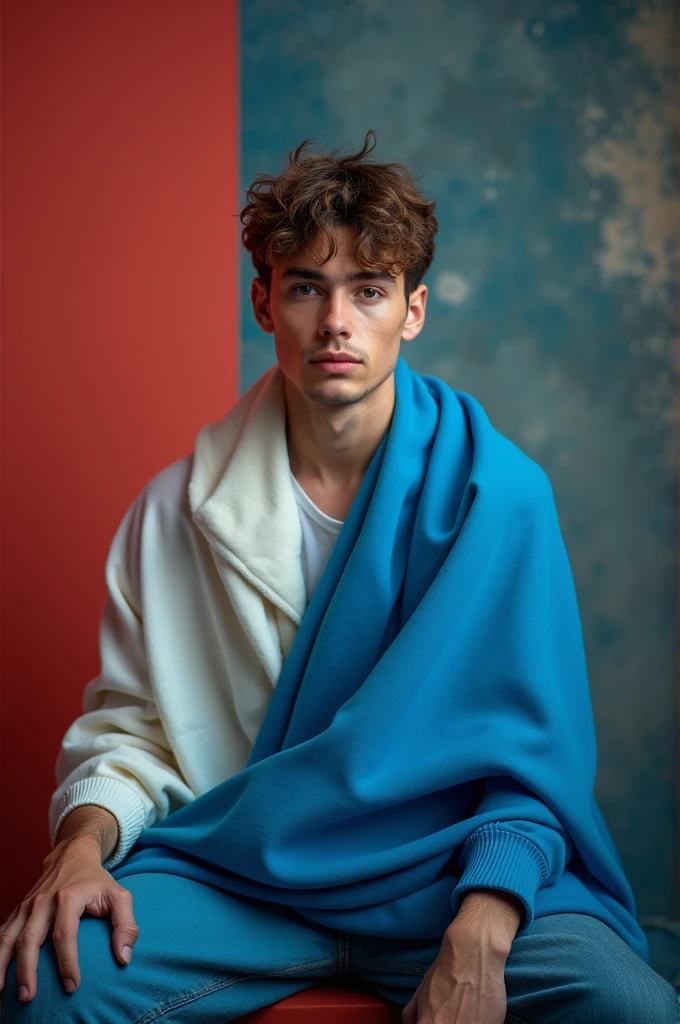 A young man sitting in studio and cloth is a blue and white shoot and back is a mix colour light