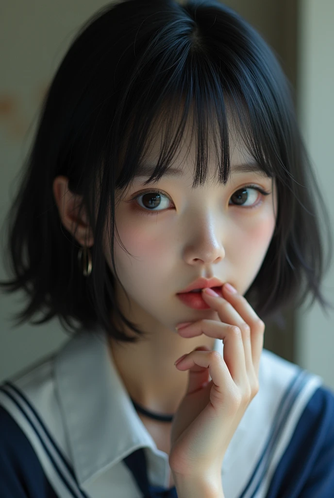 realism pov near distance wet figure fingertips touch own lips with self hand while kneering down and approaching aggressivery for a kiss neat pure beauty girl is beautiful japanese female and beautiful russian female mixed race only in the face age is 15 features of the whole body black hair medium straight bob cut hair style beautiful small face with short eyelashes boyish eyes only high nose dark blue pupils very thin upper lip milky white skin accurate attractive body shape beautiful nomal size bust waist hips thighs knees legs choker and tie on neck school uniform with pulling up dark blue skirt showing panties half opend eyes shy enamored face kindly and slight
