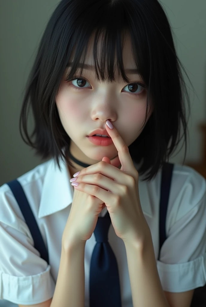 realism pov near distance wet figure fingertips touch own lips with self hand while kneering down and approaching aggressivery for a kiss neat pure beauty girl is beautiful japanese female and beautiful russian female mixed race only in the face age is features of the whole body black hair medium straight bob cut hair style beautiful small face with short eyelashes boyish eyes only high nose dark blue pupils very thin upper lip milky white skin accurate attractive body shape beautiful nomal size bust waist hips thighs knees legs choker and tie on neck school uniform with pulling up dark blue skirt showing panties half opend eyes shy enamored face kindly and slight