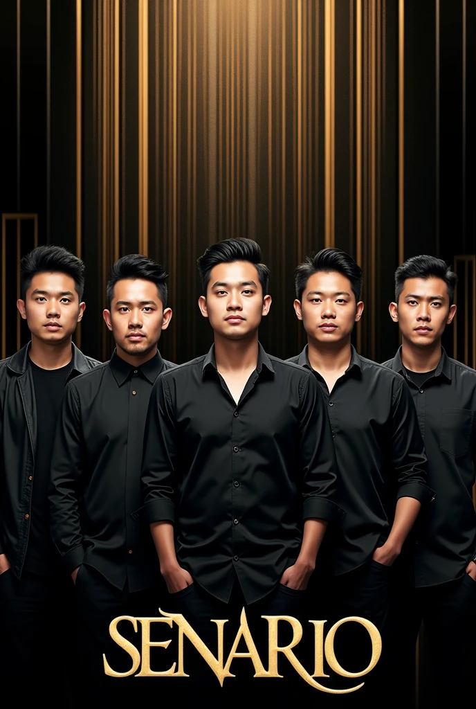 Exclusive mode and serious concert poster of a famous singer group in Malaysia consisting of six men named Senario with black and gold color background 