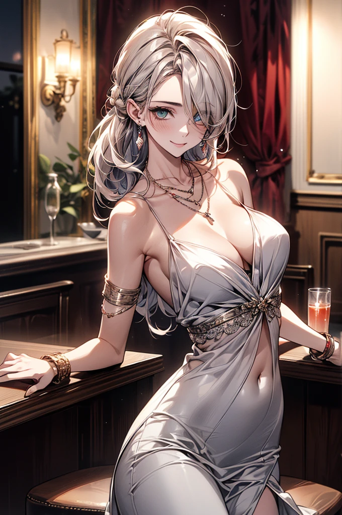 (masterpiece, best quality:1.2), (high resolution, 8K RAW photo, photo realistics, clear focus, weak outline:1.3), (cinematic lighting, moody, textile shading), pov, (solo:1.5), 1 matured woman, 2, (milf:1.5), ((nfsw:1.5, fuge breast:1.3, sagging breast, big tits, breast cleavage, harass sexually, in heat, presenting)), ((Bright beautiful eyes with highlight:1.3)), (sitting a stool in night BAR counter, lying face down on the counter with putting arms on the counter top, looking at viewers, holding a cocktail glass), raised sexy, (little happy smile:1.3, shamed), light purple mesh on silver hair, medium long hair, hair over one eye, asymmetric hair, half updo hair, blue eyes, wearing white sexy party dresses, long skirt with side slit, wearing green see-through shawl around your upper arms, (Luxury detailed accessories, necklace, earrings, Bracelets), bokeh, dynamic angle, upper body:1.2, close-up face:1.5, face focus, from side:1.2, (correct anatomy:1.6, ideal ratio of body proportions, correct hand:1.5, small hands), in a night,