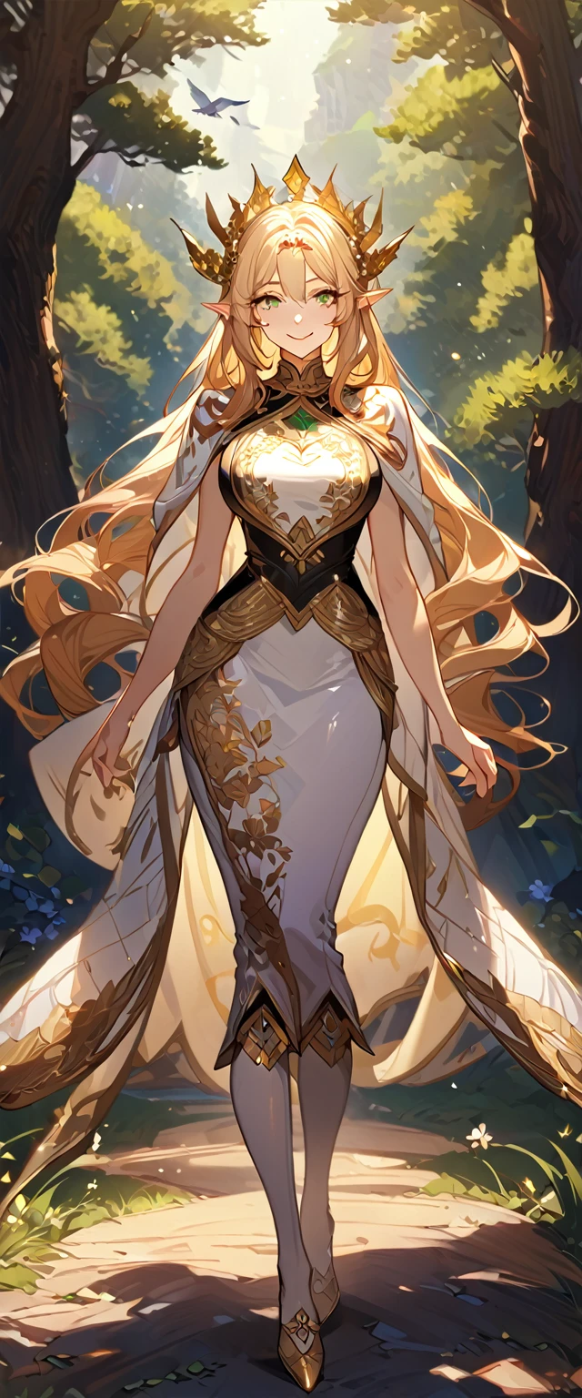 masterpiece, best quality, 8k ,4k , 1girl, elf queen, blond reddish hair, green eyes, big chest, gold wreath crown, hair ornament, finely detailed eyes and detailed face, looking at viewer, white sleeveless, Lace dress, patterned clothes, gold embroidery clothes, meticulous clothes, mature clothes, transparent cape with lace, majestic looks, smiling gently, small bird, full body, big tree background, inspired by Asukaziye artist : ask, art style : ask