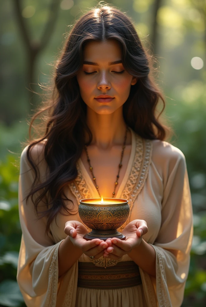 Beautiful girl with wavy long hair, bohemian dress, holding a Kalash with text "ॐ नमः शिवाय" and showing it to the viewer