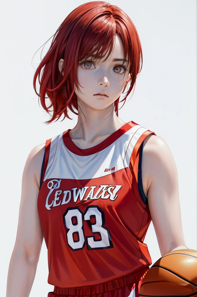 (((Pure white wall background、Highest quality、8k、32K、masterpiece)))、(Realistic)、(Photorealistic:1.2)、(High resolution)、Very detailed、Very beautiful face and eyes、1 person、Round and small face、Narrow waist、Delicate body、(close、Highest quality、Attention to detail、Rich skin detail)、(Highest quality、8k、Oil paints:1.2)、Very detailed、(Realistic、Realistic:1.37)、Bright colors、(((Red hair)))、(((Cowboy Shot)))、(((Medium Hair)))、(((Pure white wall background)))、(((Wearing a basketball uniform)))、(((White and red basketball outfit)))、(((Sad look)))、(((One female)))、(((Tank top style uniform)))