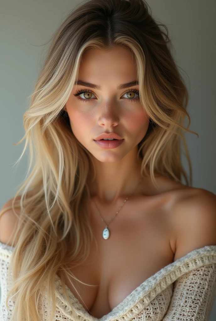 1girl in, age19, Solo, Long hair, Colossal , Looking at Viewer, blondehair, Bare shoulders, Brown eyes, jewely, Full body, a necklace, off shoulders, Sweaters, Realistic, A sexy