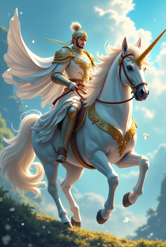 legendary chinese warrior zhao yun, with white and gold chinese armor and wearing helmet, riding crystal horn unicorn, anime style,
