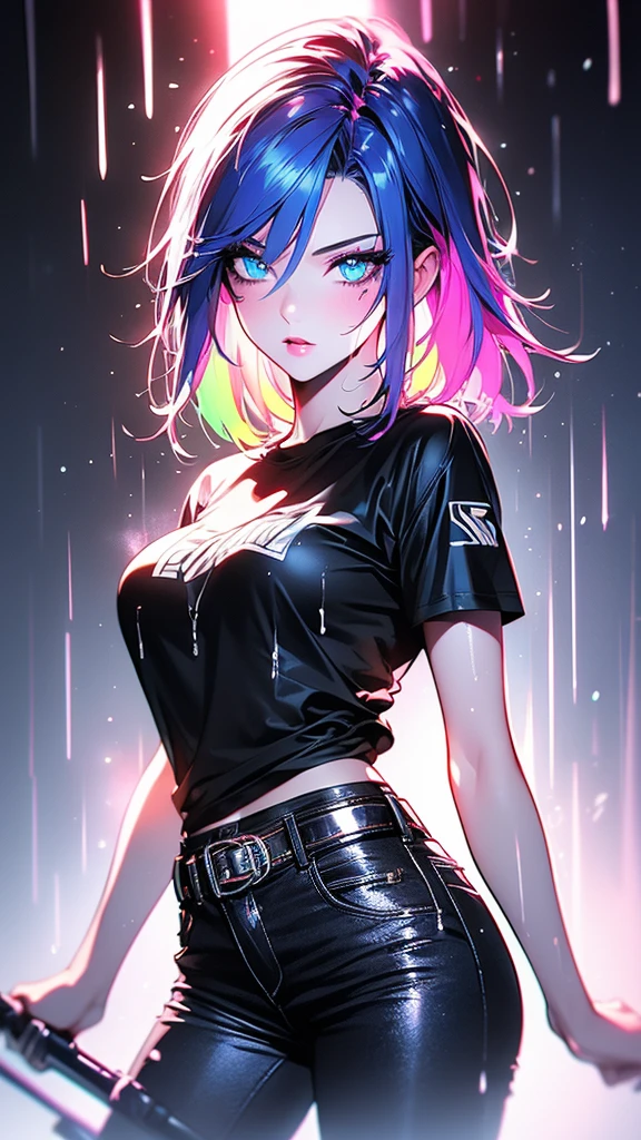 illumination, double exposure - fog effect, white background, (sumi liquid ink drawing), black blood color scheme, rain effect, neon render effect, neon outline effect. solo beautiful girl in black t-shirt and blue jeans, bright pop-punk hair, beautiful detailed eyes, detailed lips, detailed face, belt, neon hearts, portraits, bright colors, studio lighting, sharp focus, professional. VFX, UHD, HDR, 3d unreal render.
