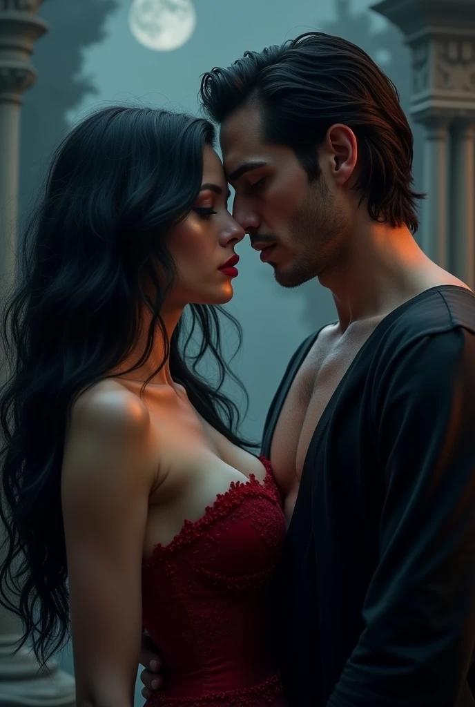 Black haired woman with a very handsome black haired man dark romance style