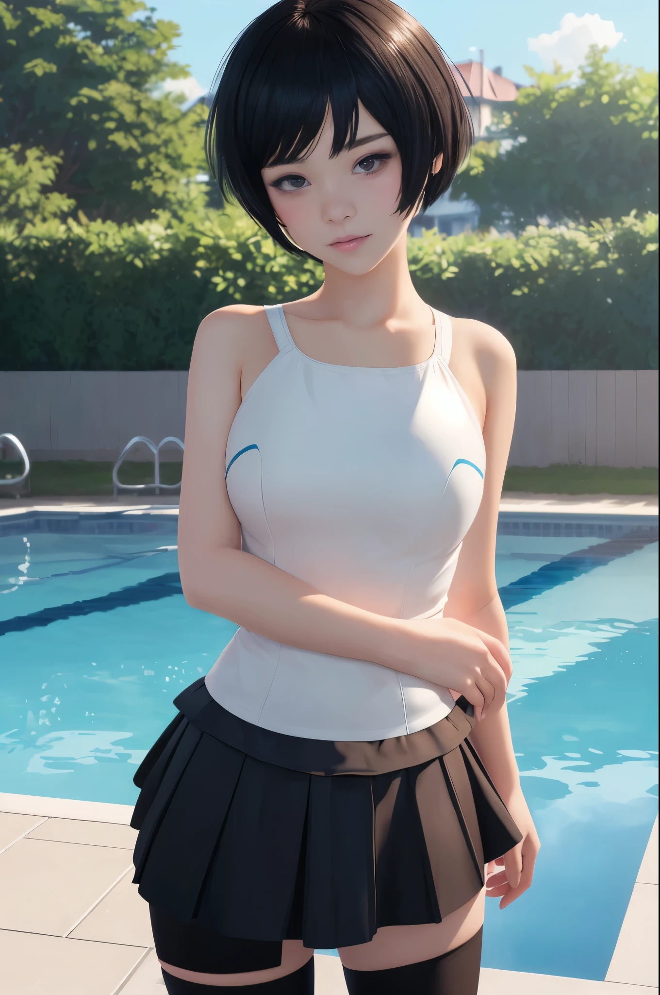 anime girl in short skirt near a swimming pool, Ilya Kuvshinov. 4K, Ilya Kuvshinov landscape, Ilya Kuvshinov style, Kuvshinov Ilya, ( Ilya Kuvshinov ), makoto shinkai. digital rendering, is wearing a swimsuit