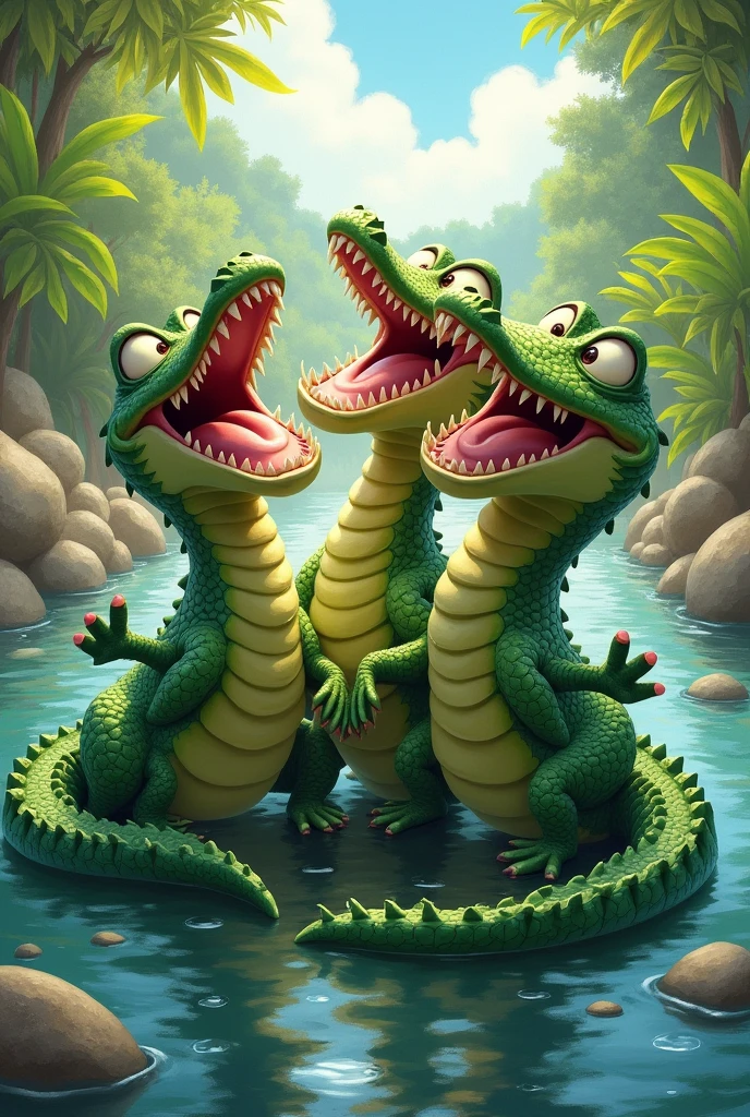 I need you to help me make a picture to paint of three laughing crocodiles to paint