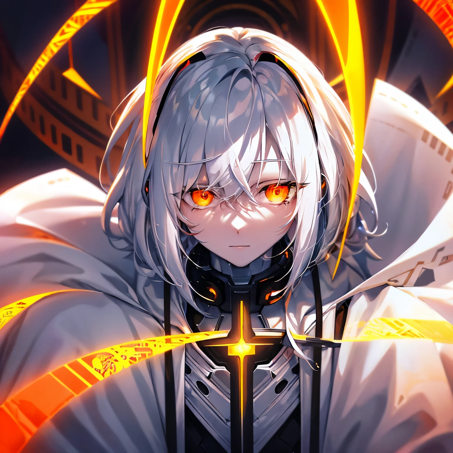 Halogram, human, male, pale skin, orange and glowing in the dark eyes, white coat. white long hair. orange symbol resembling a cross in the eye, constantly covered in glitches, covered in material digital code and tables
