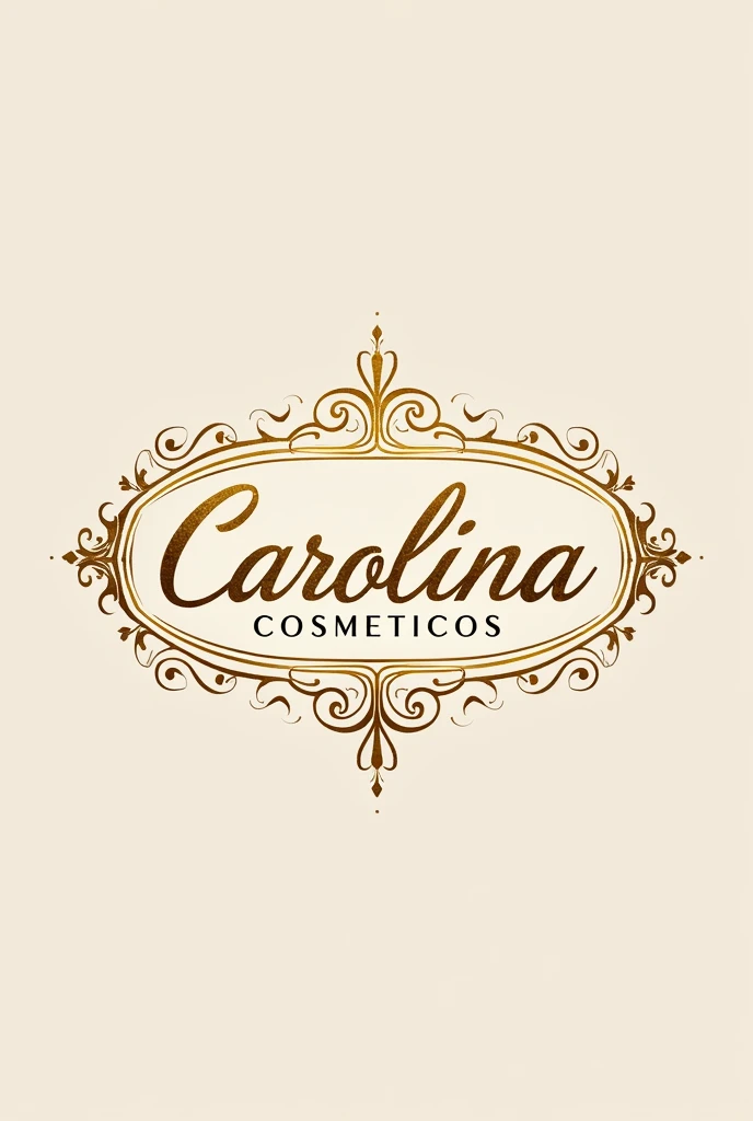make a logo in the makeup industry with the name in the center of the image Store Carolina Cosmeticos in gold