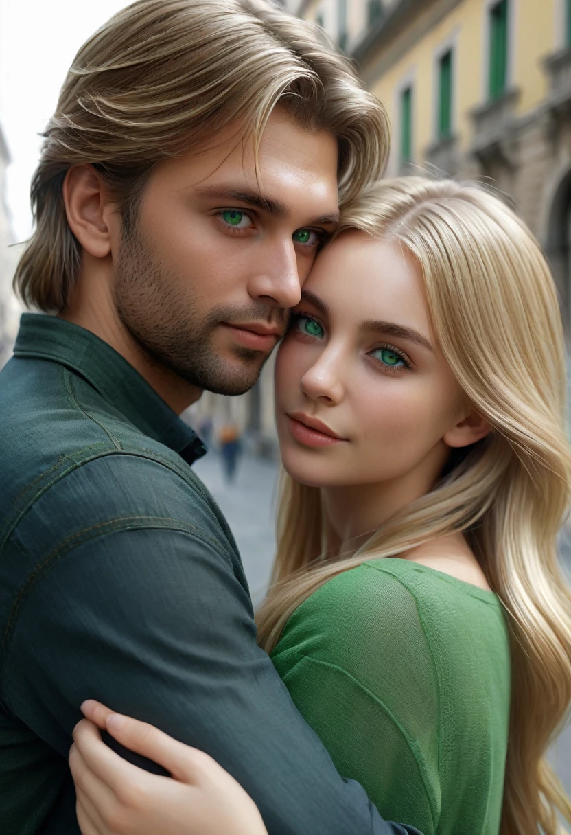 A couple he medium  brown hair and eyes she blonde long hair green eyes hugging in Milan 8k ultrarealistic photorealistic 