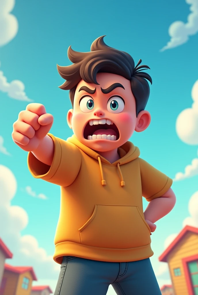 about ,Slightly chubby boy,Extend your right hand,The expression on his face was very angry,Takes up a quarter of the picture,Background is sky、Cartoon pictures
