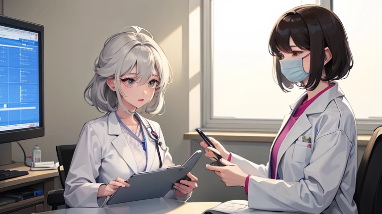 A female doctor in a white coat、Please draw an illustration of a doctor examining a patient in a hospital examination room.。The female doctor is explaining things to the patient kindly.、In the background, a desk with medical equipment and charts is depicted.。