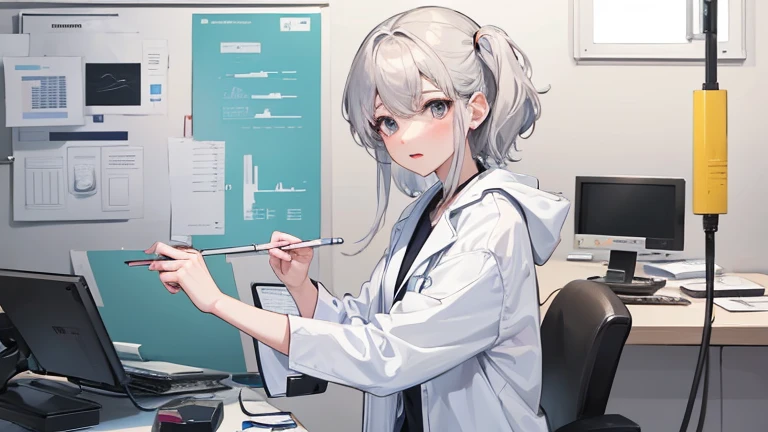 A female doctor in a white coat、Please draw an illustration of a doctor examining a patient in a hospital examination room.。The female doctor is explaining things to the patient kindly.、In the background, a desk with medical equipment and charts is depicted.。